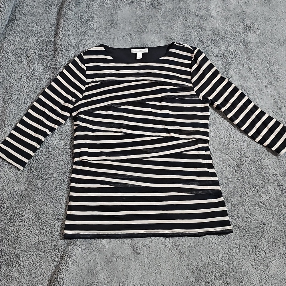 Dana Buchman Black White Striped Tiered Pleated Mesh 3/4 Sleeve Top Size M - Picture 2 of 8
